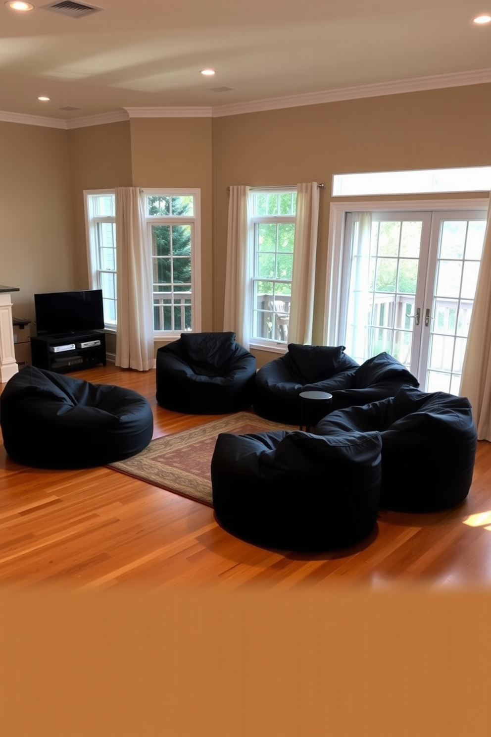 A cozy black bean bag seating arrangement is set up in a spacious family room. The room features warm wooden floors and soft ambient lighting, creating an inviting atmosphere for relaxation and entertainment. Surrounding the bean bags are large windows that let in natural light, framed by light, airy curtains. The walls are painted in a soft beige, complementing the dark bean bags and enhancing the overall comfort of the space.