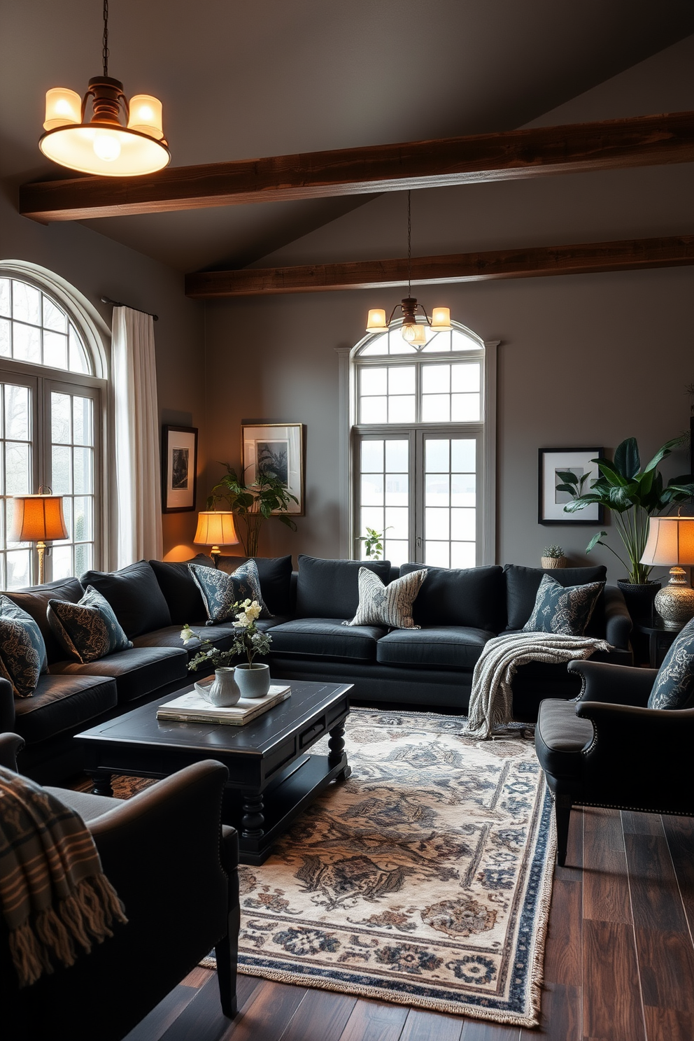 A cozy family room featuring vintage black furniture that adds a unique touch to the space. The room includes a plush sectional sofa in deep tones, paired with a vintage black coffee table and accent chairs that enhance the overall aesthetic. Warm lighting fixtures illuminate the room, creating an inviting atmosphere. Decorative elements such as patterned throw pillows and a statement rug tie the design together, making it a perfect gathering spot for family and friends.