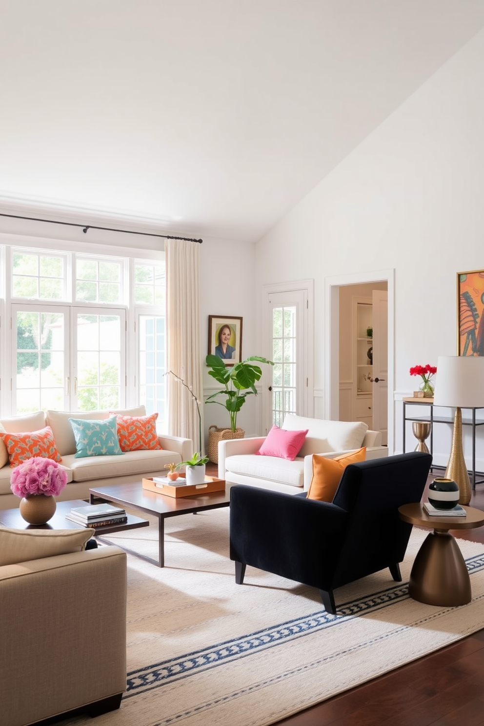 A bright family room filled with natural light features a bold black accent chair that stands out against the light-colored walls. The room is designed with a mix of comfortable seating, a modern coffee table, and vibrant decorative accents that create a welcoming atmosphere.