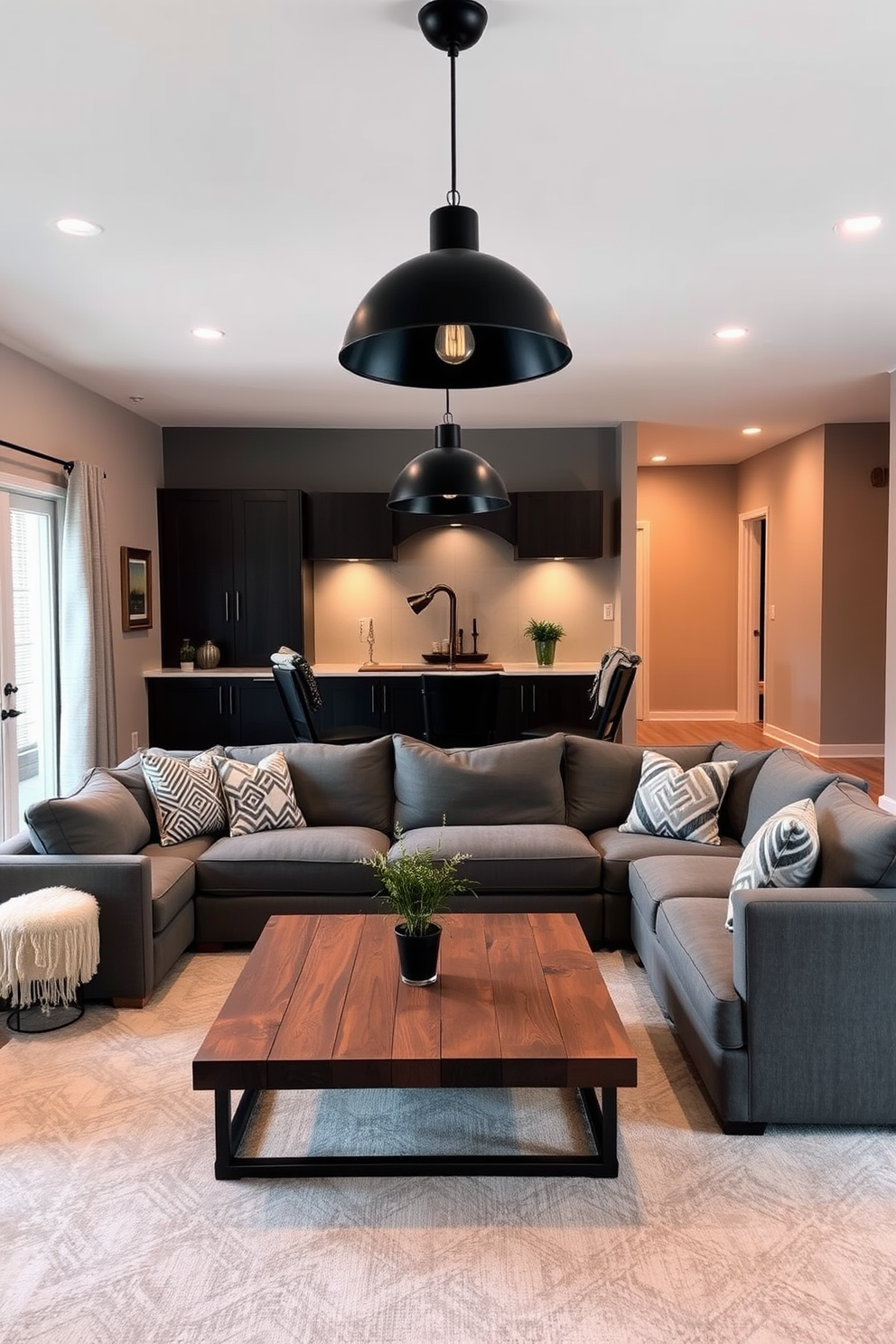 A cozy family room featuring layered lighting with black fixtures. The room is anchored by a large sectional sofa in a deep gray fabric, complemented by a sleek coffee table made of reclaimed wood. Warm ambient lighting is provided by recessed ceiling lights, while stylish black pendant lamps hang over the seating area. A large area rug in muted tones defines the space, and decorative throw pillows add pops of color to the sofa.