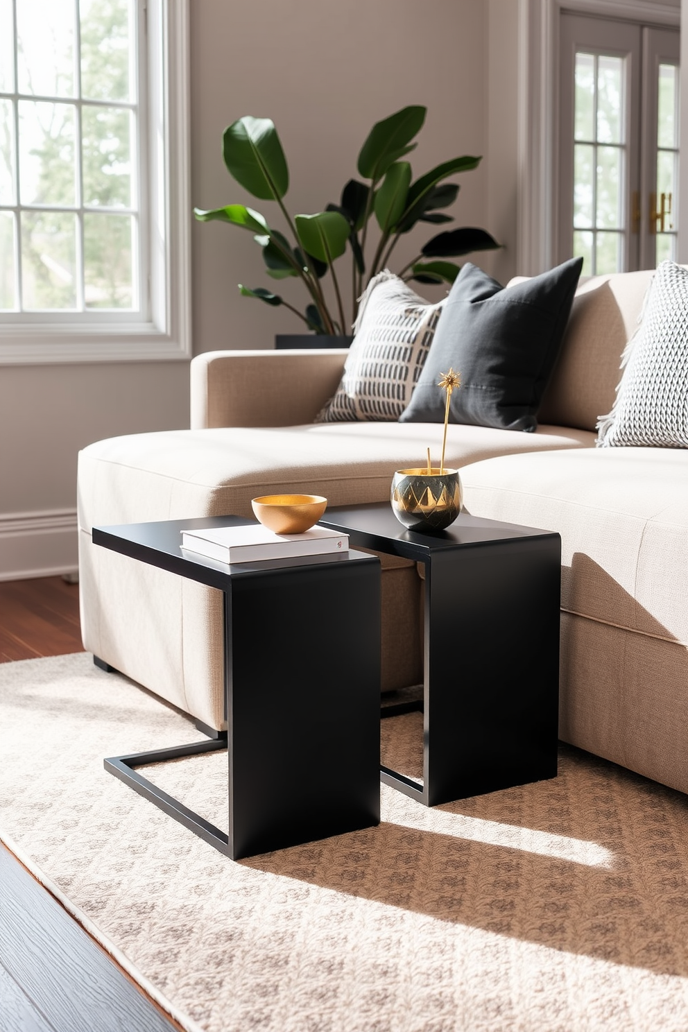 Contemporary black side tables are strategically placed beside a plush sectional sofa, offering both style and functionality. The tables feature sleek lines and a minimalist design, complementing the overall aesthetic of the family room. The family room is adorned with a muted color palette, enhanced by textured throw pillows and a soft area rug. Large windows allow natural light to flood the space, creating a warm and inviting atmosphere perfect for relaxation and gatherings.