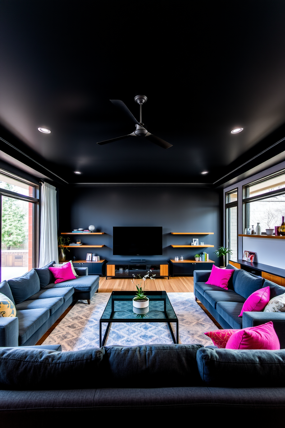 A striking black ceiling creates a dramatic focal point in the family room. The space features a plush sectional sofa in deep gray, complemented by vibrant throw pillows and a sleek glass coffee table at the center. Rich wooden accents, such as a media console and floating shelves, add warmth to the room. Large windows allow natural light to filter in, enhancing the contrast against the dark ceiling and creating an inviting atmosphere.