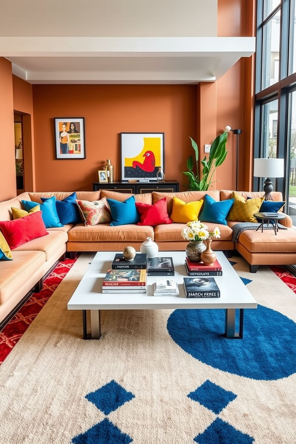 A stylish family room featuring a plush sectional sofa adorned with colorful throw pillows in vibrant hues of blue, yellow, and red. The walls are painted in a warm neutral tone, creating a cozy backdrop for the eclectic decor. A large area rug with a bold geometric pattern anchors the space, while a sleek coffee table sits in the center, topped with art books and decorative objects. Floor-to-ceiling windows allow natural light to flood the room, enhancing the inviting atmosphere.