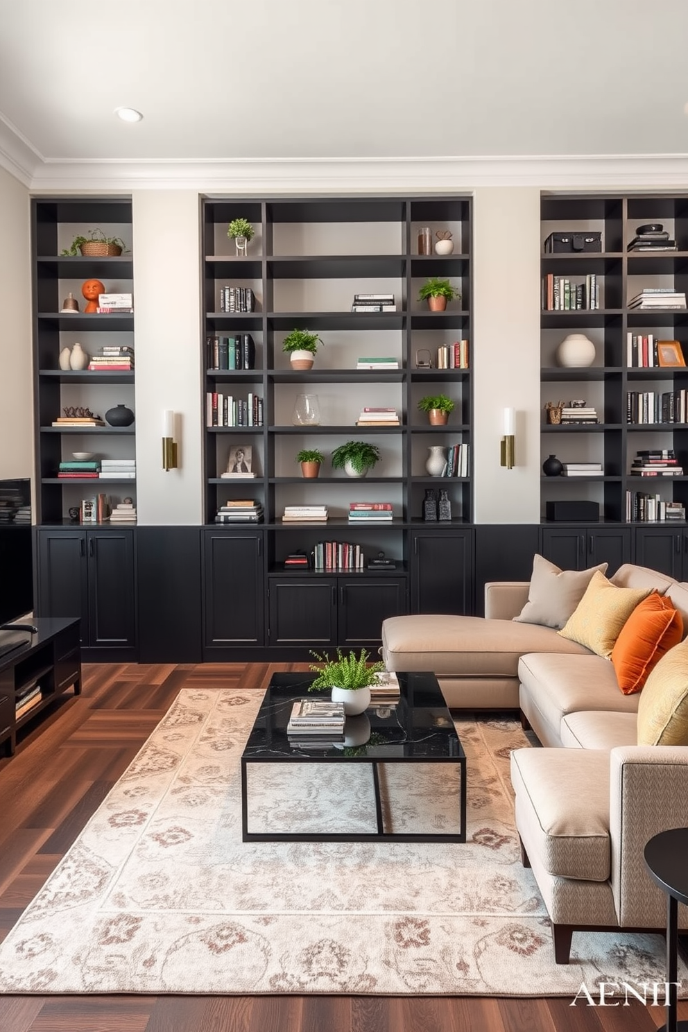 A modern family room featuring black built-in shelves that provide ample storage solutions. The shelves are filled with books, decorative items, and plants, creating a stylish focal point in the room. The seating area includes a plush sectional sofa in a neutral tone, complemented by colorful throw pillows. A large area rug anchors the space, while a sleek coffee table sits in the center, adding functionality and elegance.