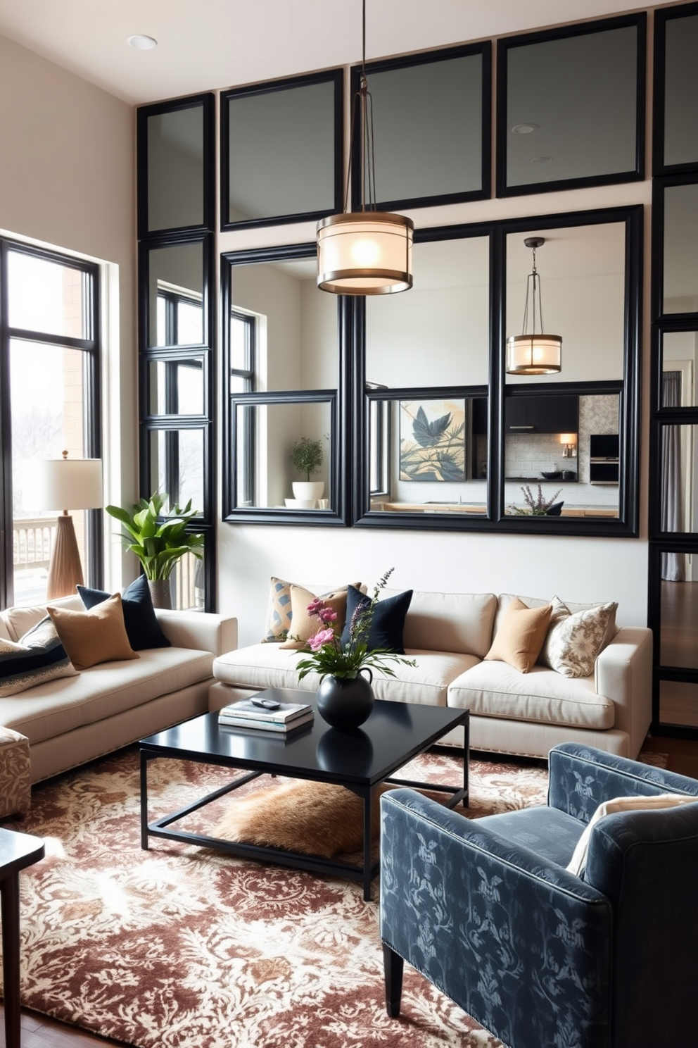 A stylish family room featuring black framed mirrors that enhance the sense of space. The room is adorned with a plush sectional sofa, a sleek coffee table, and a cozy area rug that ties the design together. Warm wood accents complement the modern furnishings, creating an inviting atmosphere. Large windows allow natural light to flood in, while layered lighting fixtures add a touch of elegance.