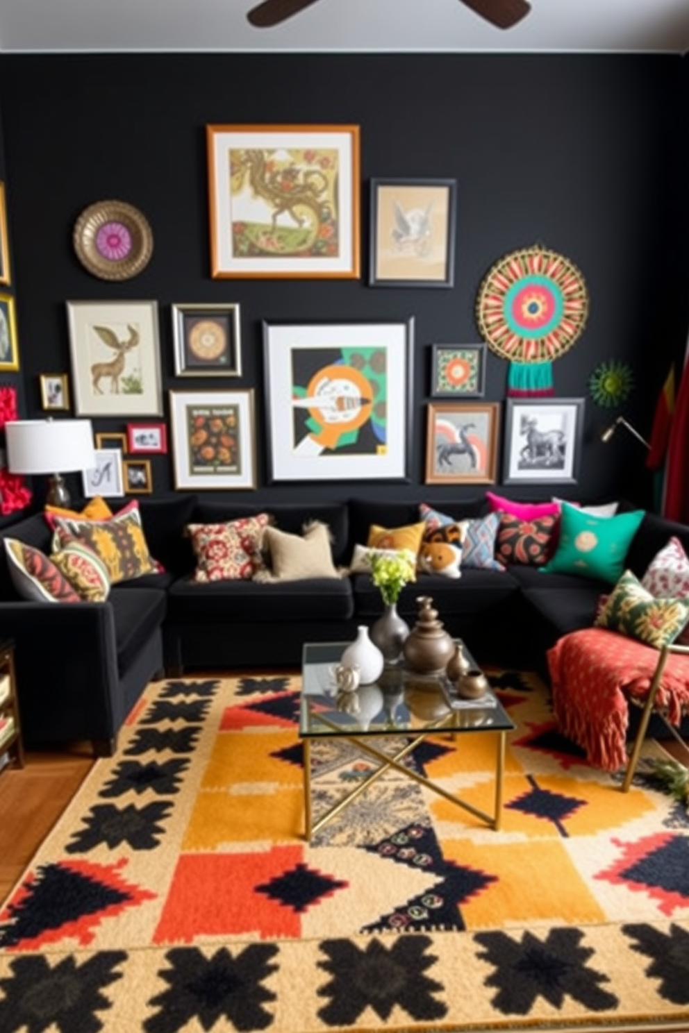 An eclectic family room filled with a mix of black and vibrant decor elements. A sleek black sectional sofa is adorned with colorful throw pillows in various patterns and hues, creating a lively atmosphere. The walls are painted in a deep charcoal color, providing a dramatic backdrop for an assortment of framed artwork and colorful wall hangings. A bold area rug with geometric patterns anchors the space, while a modern coffee table with a glass top sits at the center, surrounded by unique decorative accessories.