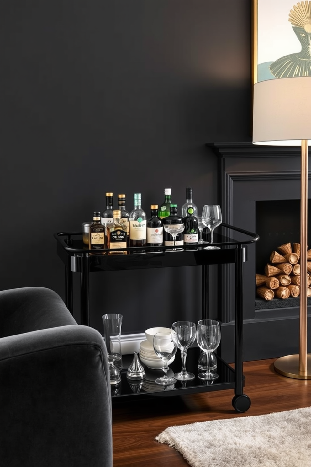 A sophisticated black bar cart for entertaining. The cart features sleek lines and a glossy finish, adorned with an array of premium spirits and elegant glassware. Black family room design ideas should emphasize comfort and style. Incorporate plush seating options, layered lighting, and rich textures to create a warm and inviting atmosphere.