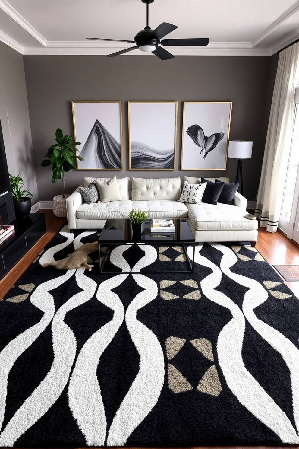 A stylish family room featuring a bold black and white geometric rug that anchors the space. The room is filled with modern furniture, including a plush sectional sofa and a sleek coffee table, creating an inviting atmosphere for relaxation and entertainment.