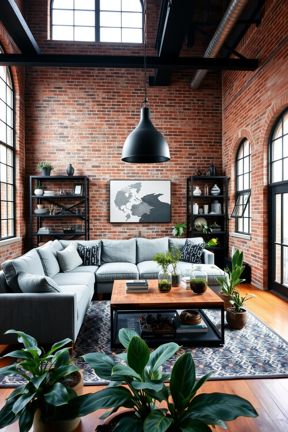 A stylish industrial family room featuring exposed brick walls and large windows that let in natural light. The space includes a plush gray sectional sofa and a reclaimed wood coffee table, accented by black metal shelves displaying decorative items. The room is anchored by a striking black metal light fixture hanging from the ceiling. A large area rug with geometric patterns adds warmth, while a mix of potted plants brings a touch of greenery to the industrial aesthetic.