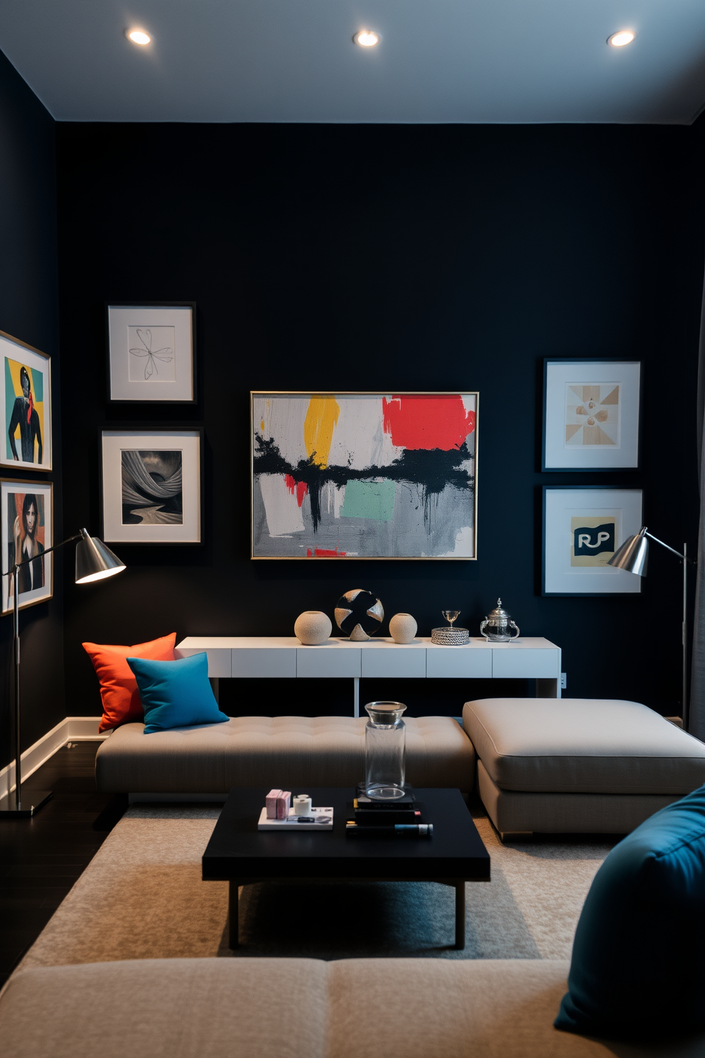 Modern art pieces on black walls. The room features a sleek sectional sofa in a neutral tone, complemented by vibrant throw pillows that echo the colors in the artwork. A large abstract painting hangs above a minimalist console table, which showcases curated decorative objects. Soft lighting from stylish floor lamps creates a cozy atmosphere, enhancing the artistic vibe of the space.