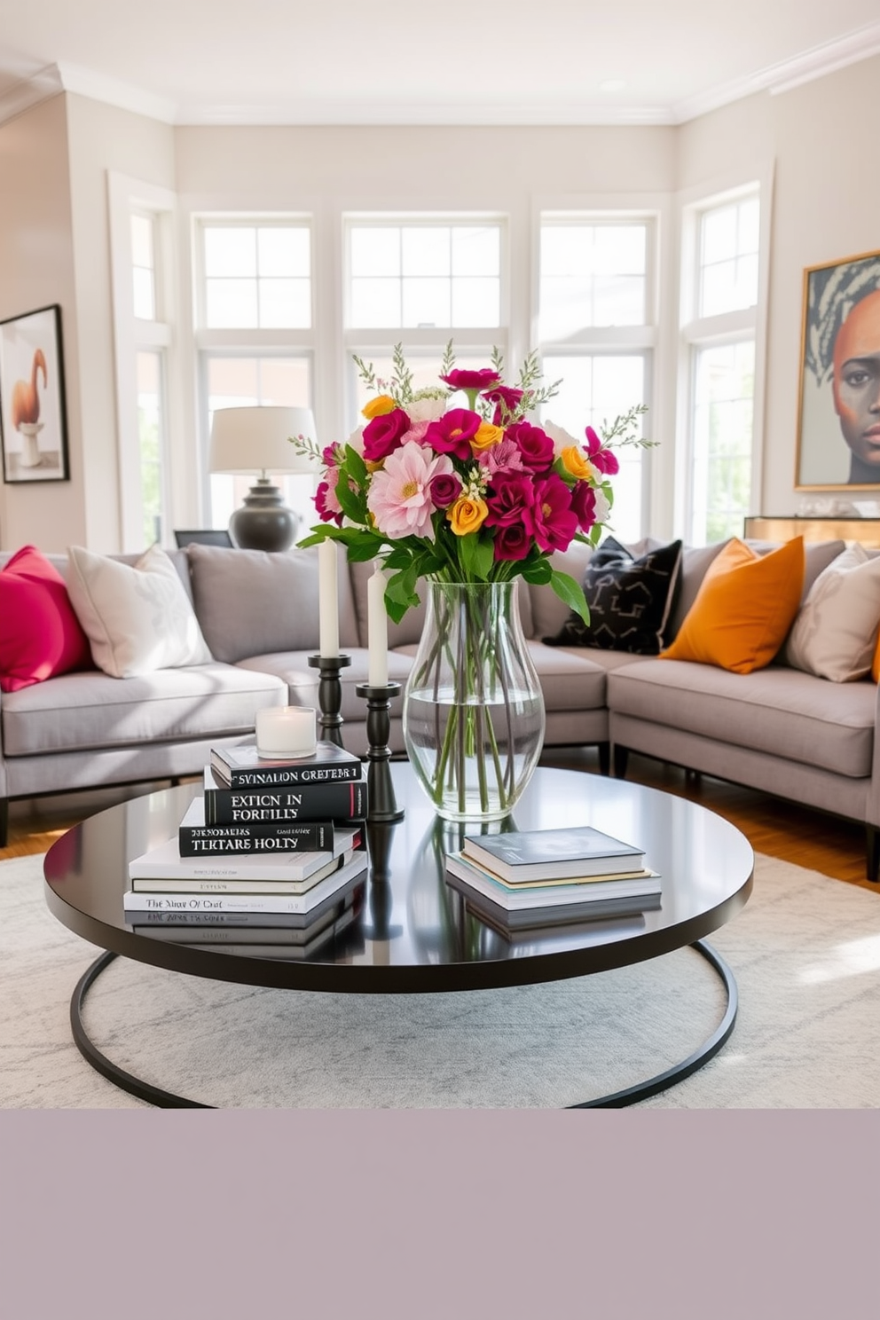 A chic black coffee table centerpiece sits elegantly in the center of the family room. The table is adorned with a stylish arrangement of decorative books, a sleek candle holder, and a vibrant floral arrangement in a modern vase. The family room features a cozy sectional sofa upholstered in a soft gray fabric, complemented by bold accent pillows. Large windows allow natural light to flood the space, highlighting the warm wooden flooring and contemporary art pieces on the walls.