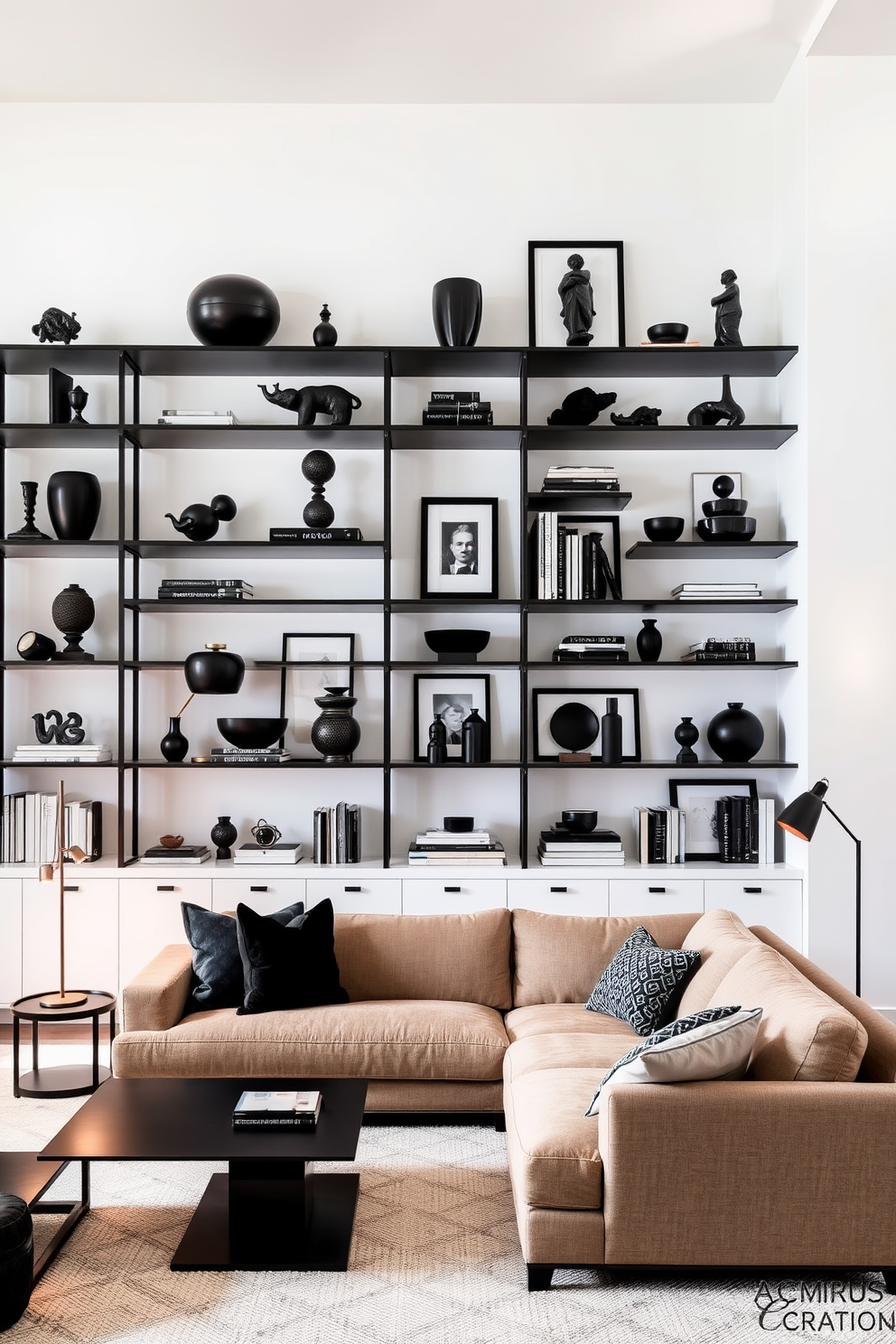 A stylish family room featuring open shelving adorned with black decorative items. The shelves are filled with a curated selection of modern sculptures, books, and framed artwork, creating a striking contrast against the light-colored walls. The seating area includes a plush sectional sofa in a neutral tone, complemented by a sleek coffee table. Soft lighting from floor lamps enhances the cozy atmosphere, inviting relaxation and conversation.