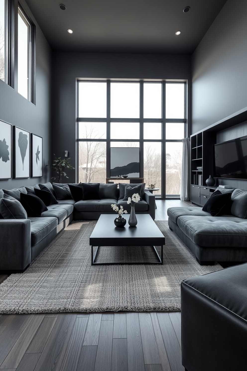 A cohesive black and gray family room featuring a plush sectional sofa in deep gray with black accent pillows. The walls are painted in a soft charcoal gray, complemented by a large black entertainment unit against one wall. A sleek coffee table in a matte black finish sits at the center, surrounded by a textured gray area rug. Floor-to-ceiling windows allow natural light to flood the space, highlighting the minimalist black and gray artwork on the walls.