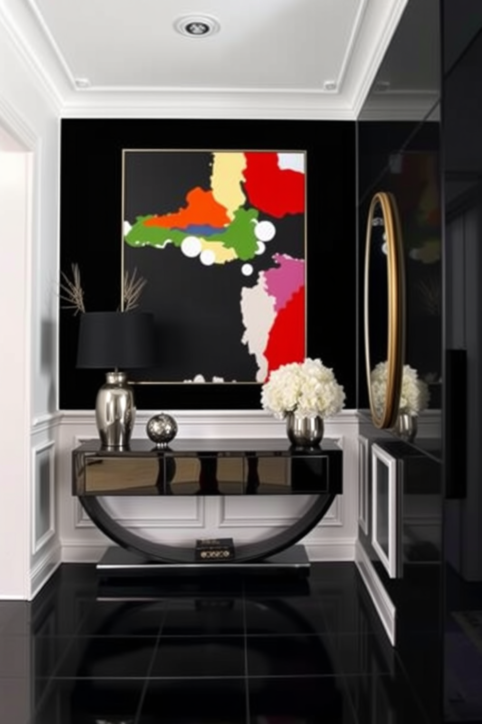 Elegant black accent wall with artwork. The wall is adorned with a large abstract painting featuring bold colors, providing a striking contrast to the black background. Black foyer design ideas. The space features a sleek console table with a glossy finish, complemented by a stylish mirror and decorative accessories that enhance the sophisticated atmosphere.