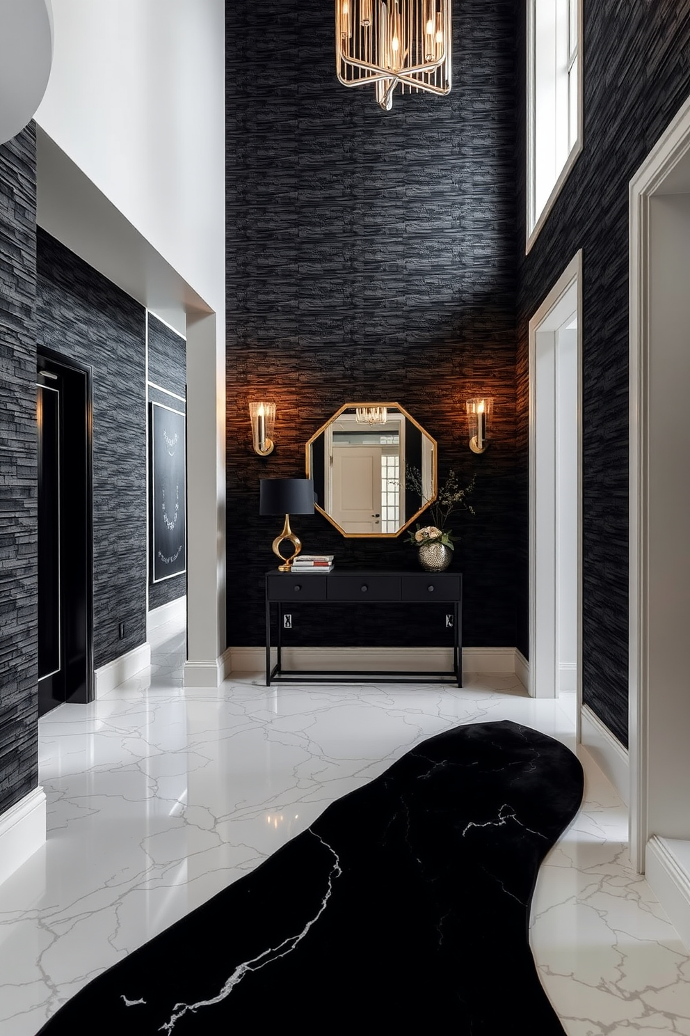 A striking foyer adorned with textured black wallpaper that adds depth and sophistication to the space. The flooring features a polished white marble that contrasts beautifully with the dark walls, creating an inviting atmosphere. Incorporate sleek black furniture with gold accents, such as a console table and a stylish mirror. Soft lighting fixtures provide warmth, enhancing the overall elegance of the foyer while highlighting the unique textures of the wallpaper.