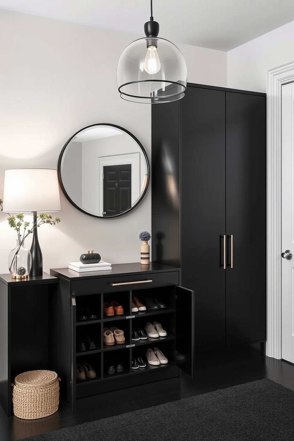 A minimalist black shoe cabinet design. The cabinet features sleek lines and a matte black finish, with ample storage for shoes hidden behind soft-close doors. Black foyer design ideas. The foyer is accented with a large black console table, a round mirror above it, and a striking pendant light that adds a touch of elegance.