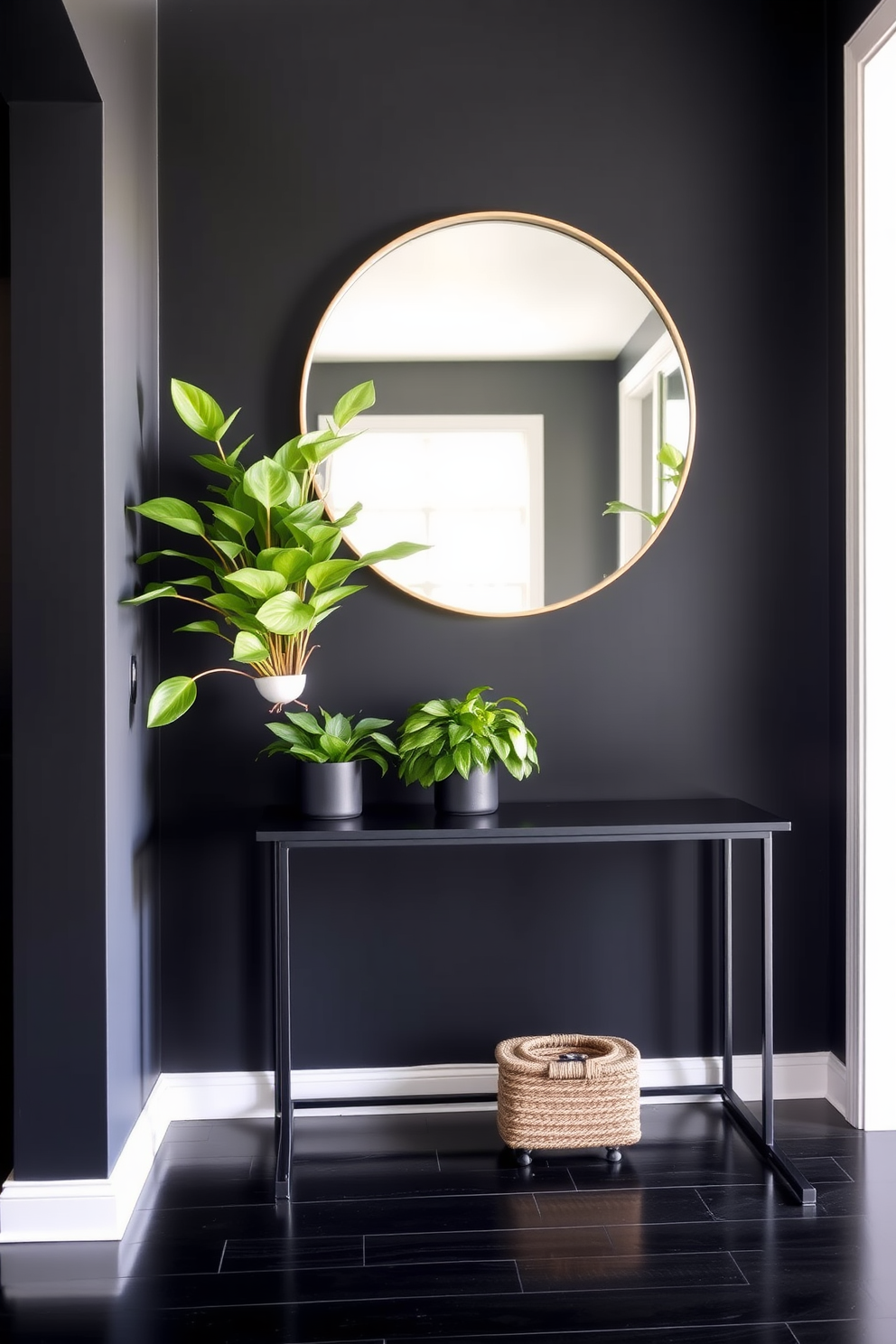 Inviting black entryway featuring a sleek black console table against the wall. Lush greenery in stylish planters adds a touch of life and color to the space. The walls are painted in a deep matte black, creating a bold and dramatic backdrop. A large round mirror hangs above the console table, reflecting the natural light and enhancing the sense of space.