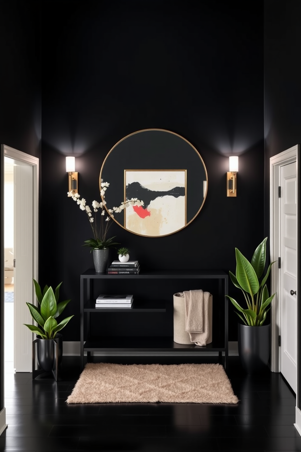 A warm black foyer featuring rich black walls and a sleek black console table. Soft lighting from elegant wall sconces creates a cozy atmosphere, highlighting a large round mirror above the table. A plush area rug in a neutral tone anchors the space, while a statement piece of abstract art adds a touch of sophistication. Potted greenery in stylish planters brings life to the room, complementing the dark color palette.