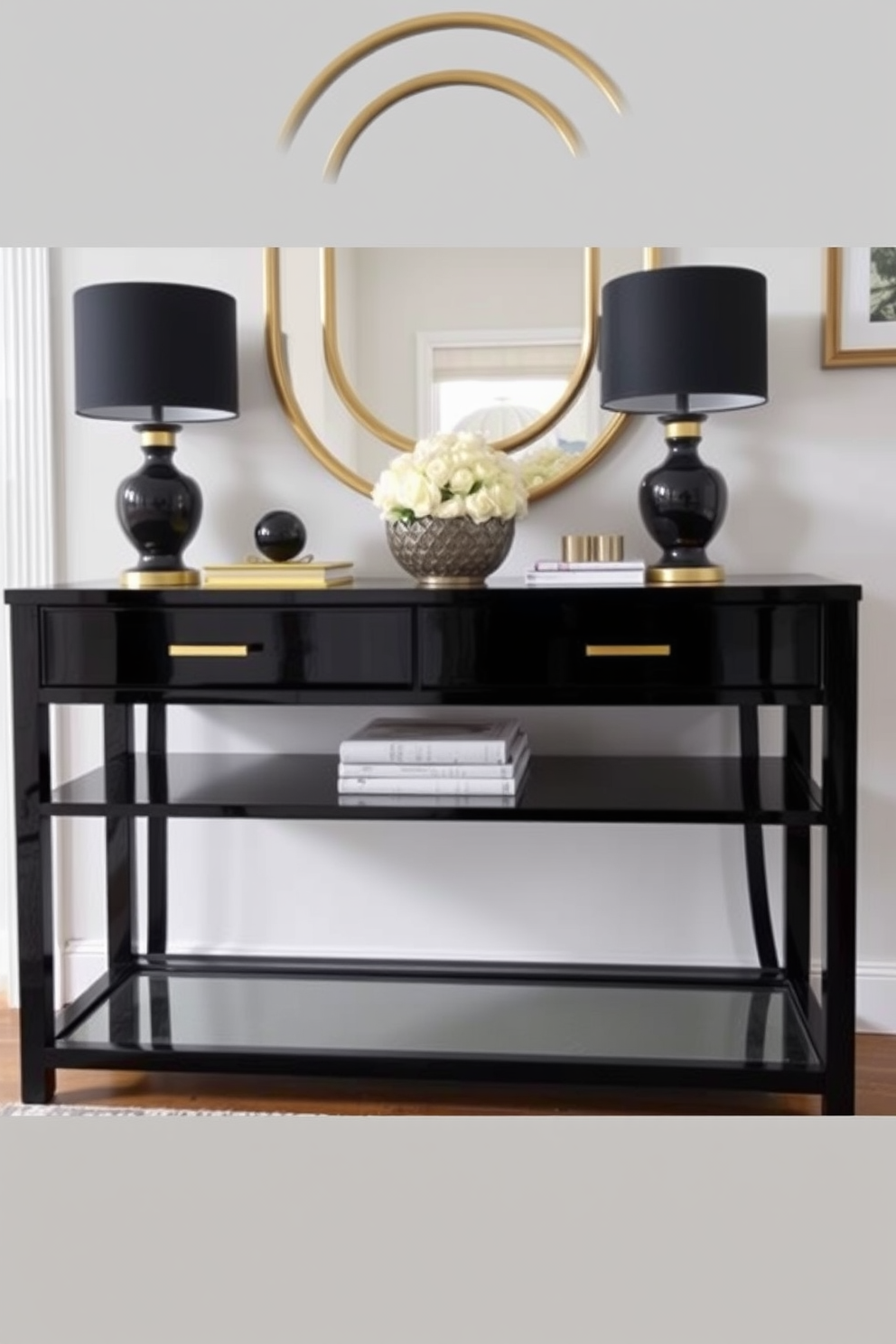 Chic black console table with gold accents. The table features sleek lines and a glossy finish, complemented by elegant gold hardware and decorative elements. The foyer is adorned with a statement mirror above the console, reflecting light and creating an inviting atmosphere. A stylish area rug in neutral tones anchors the space, while tasteful artwork adds a touch of sophistication.