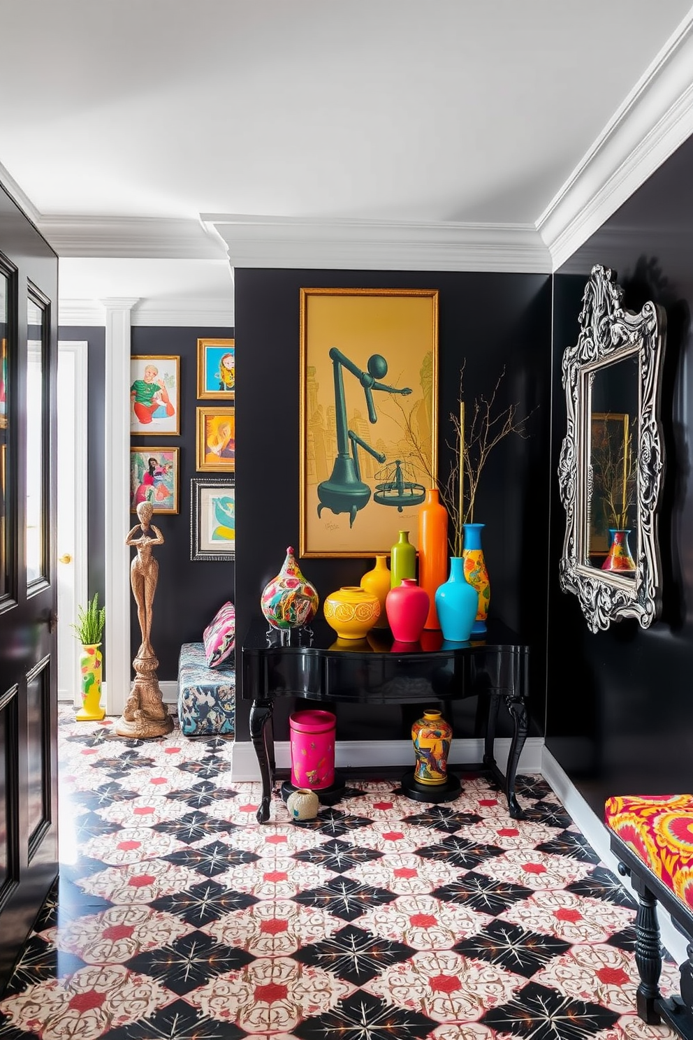 Eclectic black decor features bold accents and vibrant colors that create a striking contrast. Imagine a foyer adorned with a black accent wall, complemented by colorful artwork and unique sculptures. The flooring is a mix of patterned tiles that add a playful touch to the space. A statement console table in a glossy finish holds a collection of bright vases and a large mirror with an ornate frame.