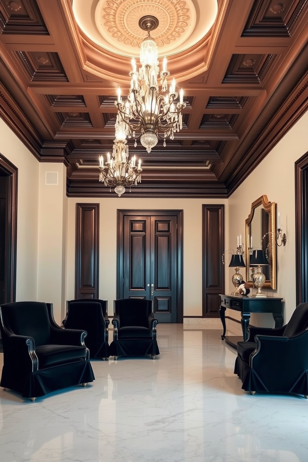 Luxurious black velvet upholstery adorns the elegant chairs, creating a striking contrast against the polished marble floor. The foyer features a grand chandelier that casts a warm glow, illuminating the space and highlighting the intricate molding on the ceiling. A statement console table made of dark wood sits against the wall, adorned with decorative objects and a large mirror that reflects the light. The walls are painted in a soft cream color, enhancing the richness of the black upholstery and adding an air of sophistication to the entrance.