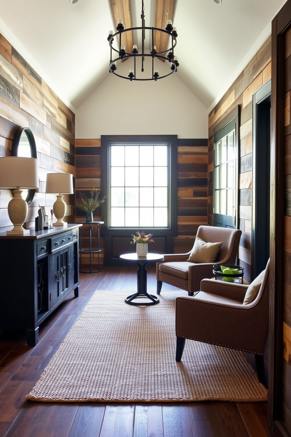 A rustic foyer featuring black wooden elements creates a warm and inviting atmosphere. The walls are adorned with reclaimed wood accents, and a large black wooden console table sits against one side, topped with decorative items and a stylish lamp. A cozy seating area includes a pair of upholstered chairs in earthy tones, positioned around a small round table. Natural light floods the space through a large window, highlighting a woven rug that adds texture to the floor.