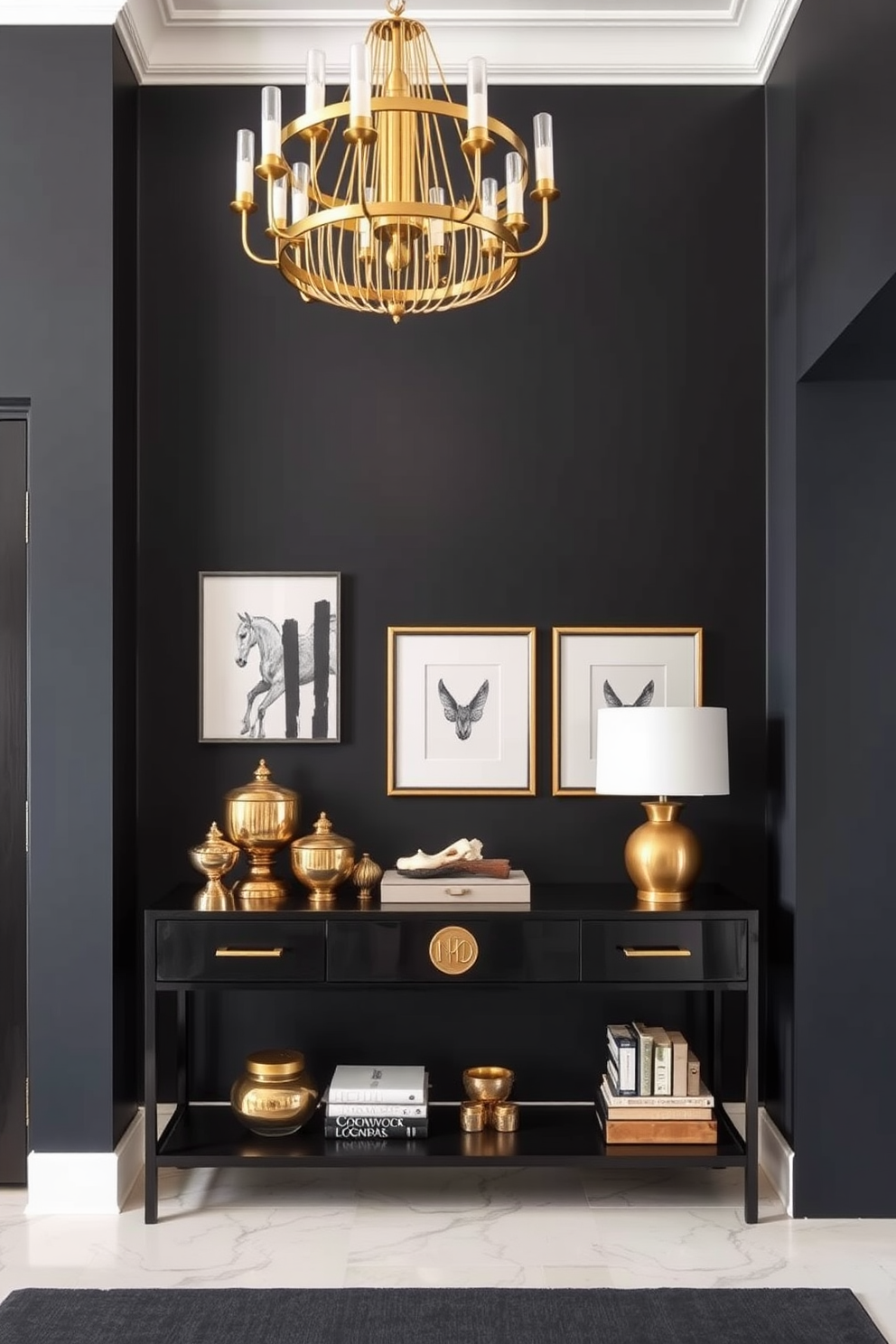 A striking foyer design featuring bold black accents and elegant brass hardware. The walls are painted in a deep charcoal color, creating a dramatic backdrop for the entryway. A large black console table sits against the wall, adorned with a collection of brass decorative objects. A stylish brass chandelier hangs overhead, casting a warm glow across the space.