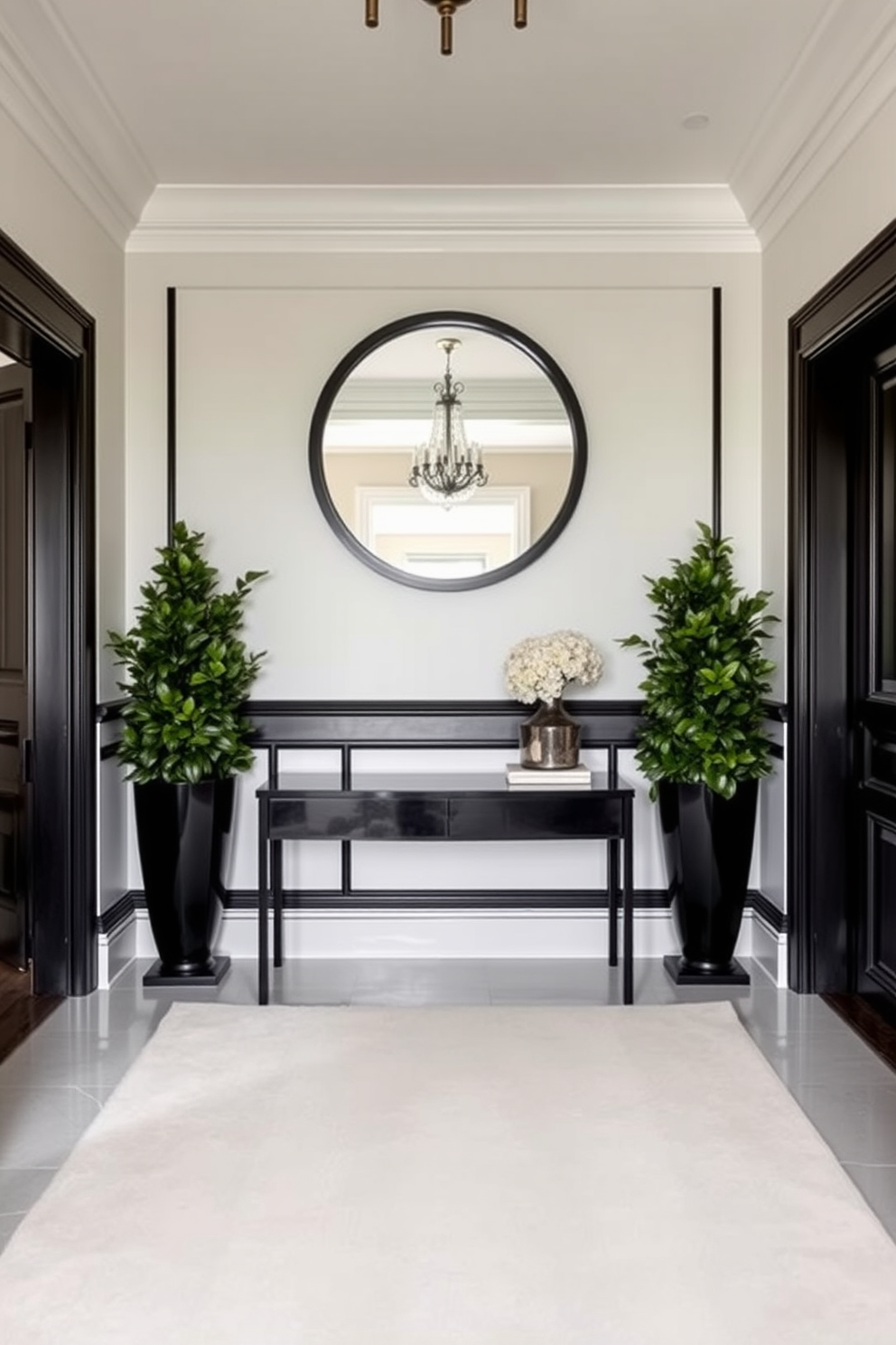 A timeless black and cream foyer features a grand entrance with a sleek black console table against the wall. Above the table, an oversized round mirror with a black frame reflects the elegant space, while a striking cream area rug anchors the floor. The walls are adorned with classic black wainscoting, creating depth and sophistication. Flanking the entrance are tall black planters filled with lush greenery, adding a touch of life to the monochromatic design.