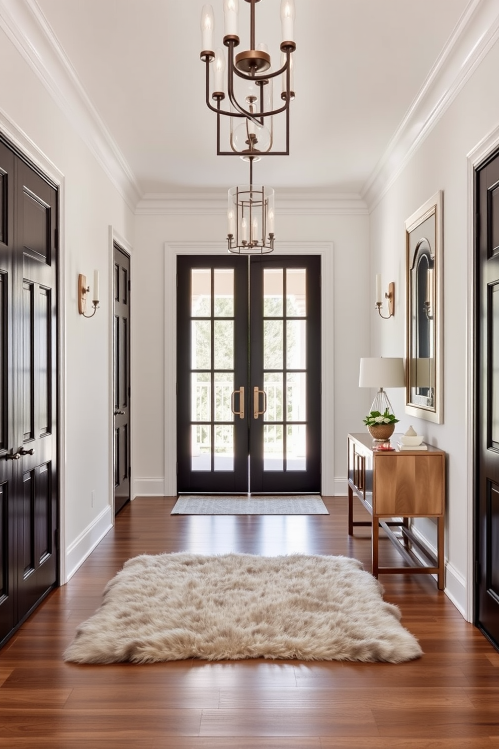 A striking foyer featuring bold black doors that create a dramatic entrance. The space is adorned with elegant lighting fixtures and a stylish console table that enhances the overall sophistication. The walls are painted in a soft neutral tone to balance the dark doors. A plush area rug lies on the floor, adding warmth and texture to the entryway.