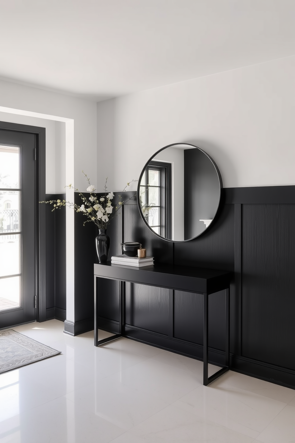 Creative black wall paneling for texture. The walls are adorned with sleek black paneling that adds depth and sophistication to the space. Black foyer design ideas. A striking black console table sits against the wall, complemented by a large round mirror that reflects the natural light streaming in from the entrance.