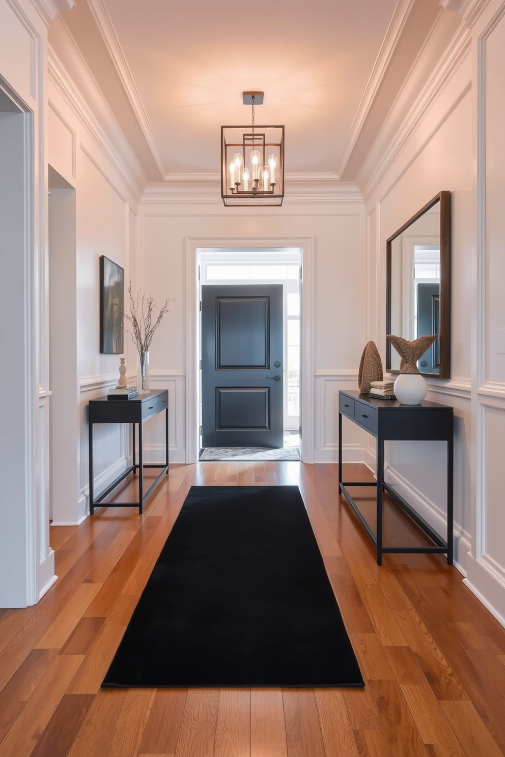 A stylish black runner rug lays across a polished hardwood floor in the entryway, adding warmth and sophistication to the space. The walls are adorned with crisp white paneling, and a modern console table with a sleek design stands against one side, topped with decorative accents. In this foyer design, a statement light fixture hangs from the ceiling, casting a warm glow throughout the area. A large mirror with a minimalist frame reflects the space, enhancing the sense of openness and inviting guests into the home.