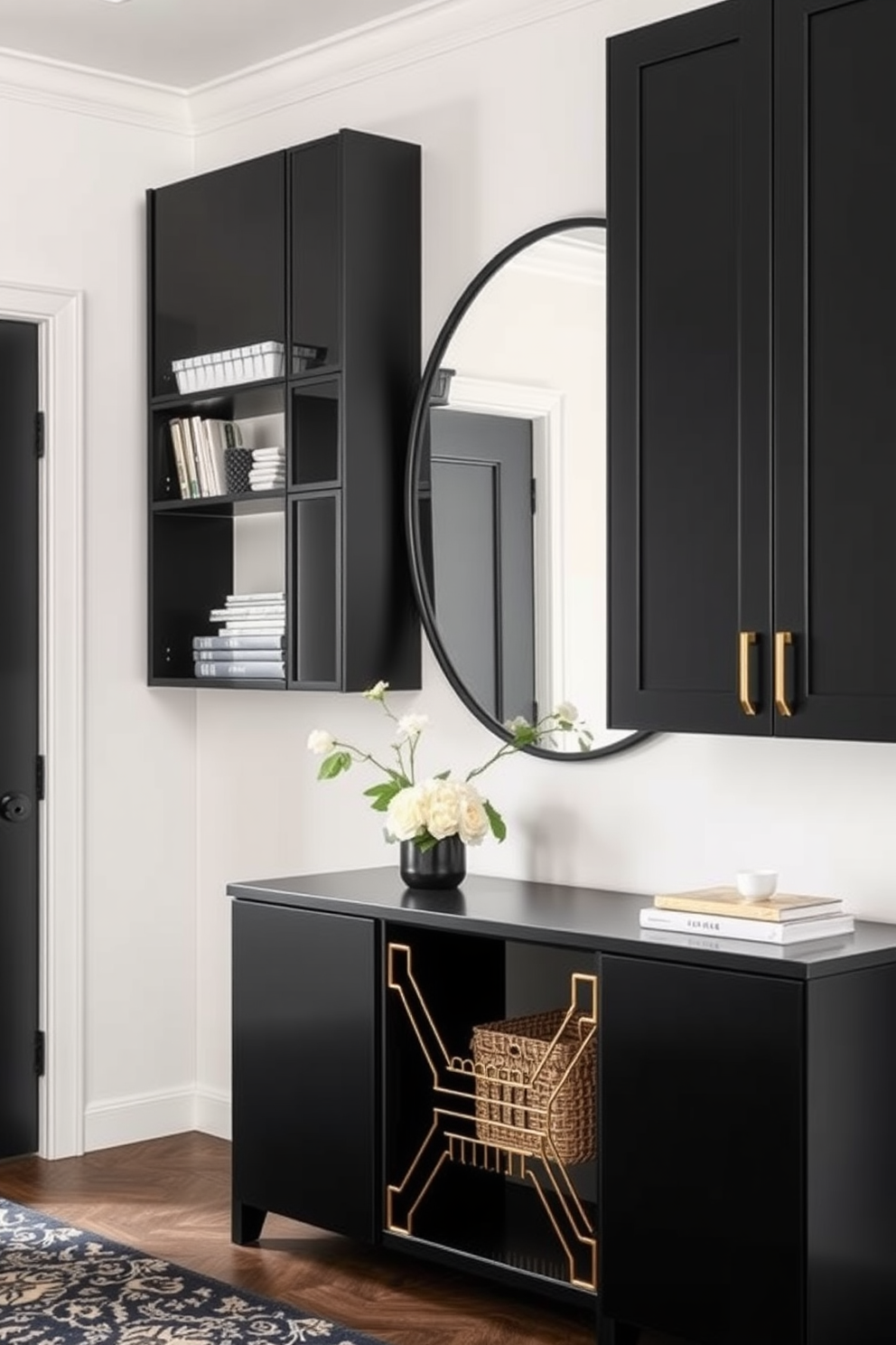 Sleek black storage solutions for organization. The room features a combination of wall-mounted shelves and modular cabinets in a matte black finish, providing a modern and streamlined look. Black foyer design ideas. The entryway includes a striking black console table with gold accents, paired with a large round mirror that reflects natural light, creating an inviting atmosphere.