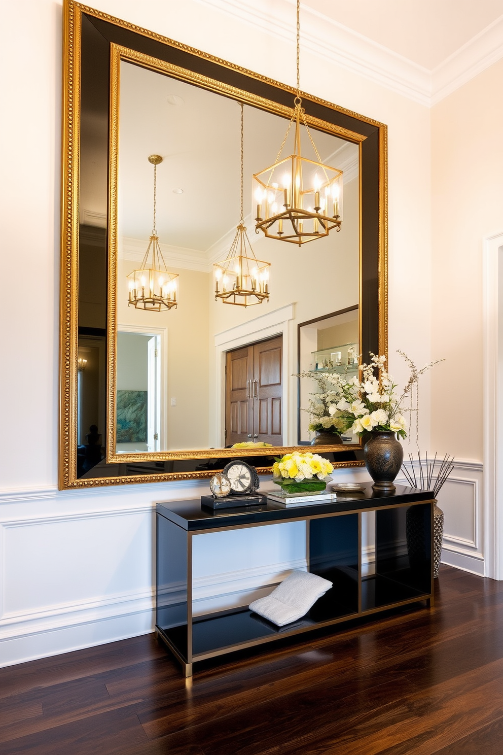 A dramatic oversized black mirror serves as the focal point in a luxurious foyer. The mirror is framed in an ornate gold design, reflecting the soft glow of elegant pendant lighting above. The foyer features a sleek console table beneath the mirror, adorned with stylish decor and fresh flowers. Rich dark wood flooring contrasts beautifully with the light-colored walls, creating a warm and inviting atmosphere.