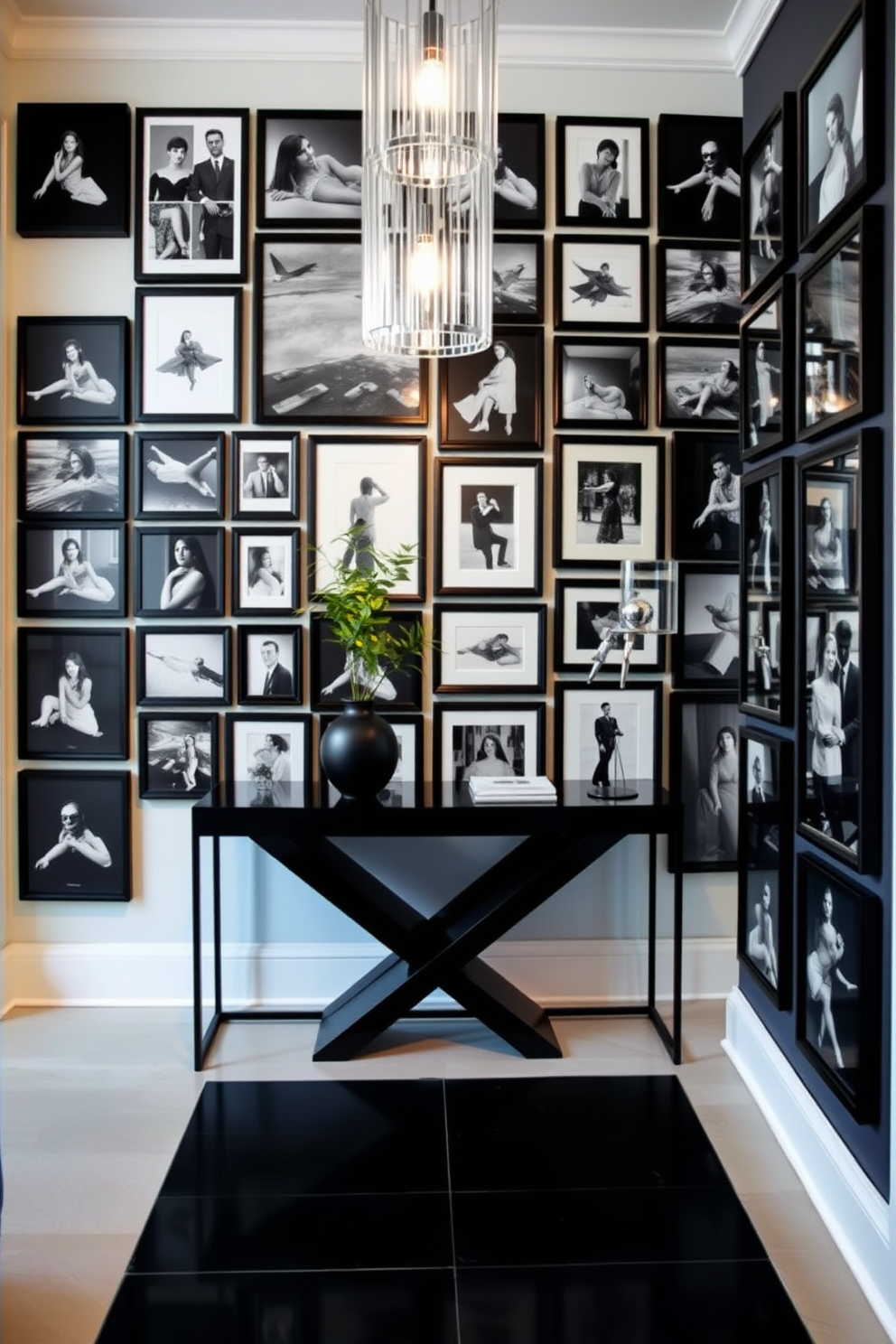 A striking black framed gallery wall showcases an array of photos in various sizes, creating a dynamic visual interest. The wall is adorned with black and white images that evoke a sense of nostalgia and elegance. The foyer features a sleek design with a bold black color scheme, complemented by a minimalist console table. A statement light fixture hangs overhead, illuminating the space and enhancing its modern aesthetic.