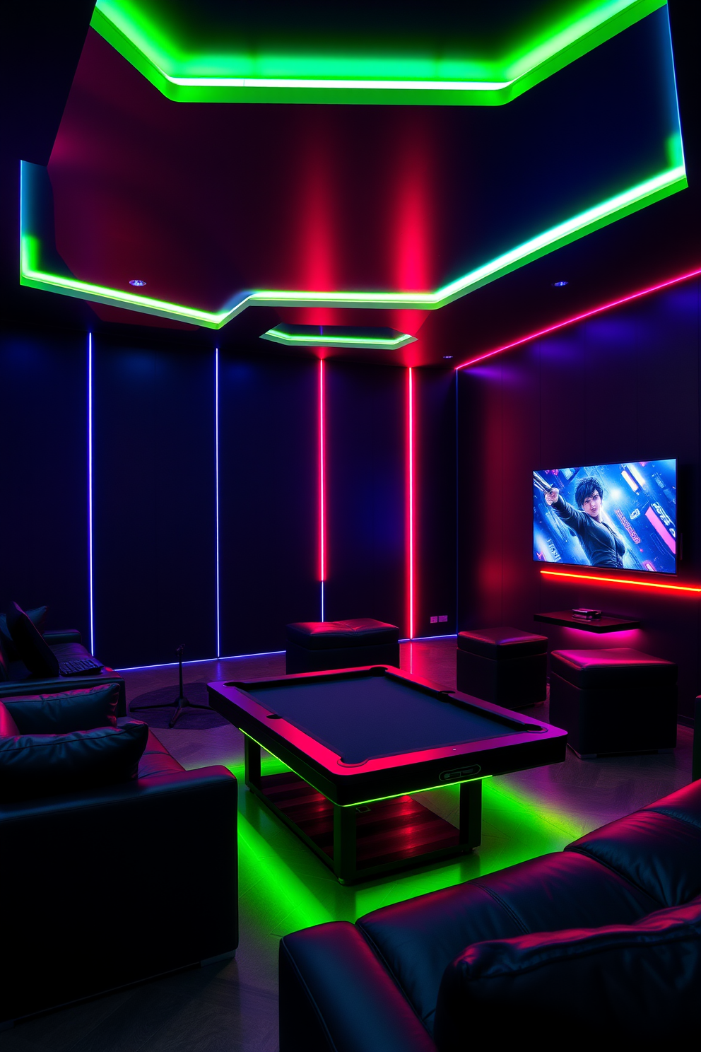 A modern game room featuring sleek black walls that create a dramatic backdrop. Neon accents in vibrant colors illuminate the space, highlighting a stylish pool table and comfortable seating areas. The room includes a large flat-screen TV mounted on one wall for gaming and movie nights. Decorative LED lighting strips run along the edges of the ceiling, enhancing the contemporary atmosphere.