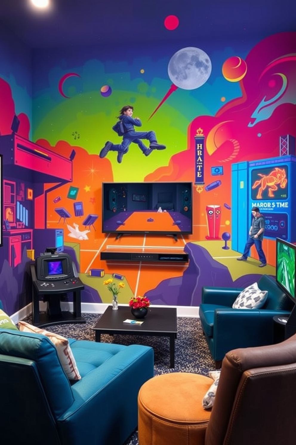 Artistic wall murals transform a space by adding vibrant personality and unique character. Choose bold colors and intricate designs that reflect your style and create a focal point in the room. Incorporate gaming elements into your design with comfortable seating and stylish decor. Use a mix of modern and retro pieces to create an inviting atmosphere that celebrates your passion for gaming.