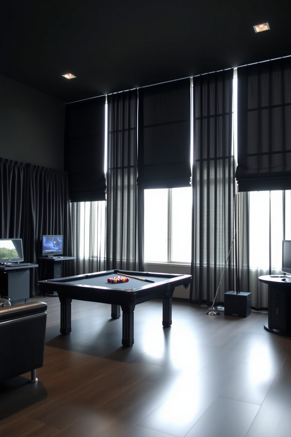 A stylish game room featuring black curtains that elegantly control light while adding a touch of sophistication. The room is equipped with a sleek pool table, surrounded by comfortable seating and modern gaming consoles, all set against a backdrop of dark, rich colors.