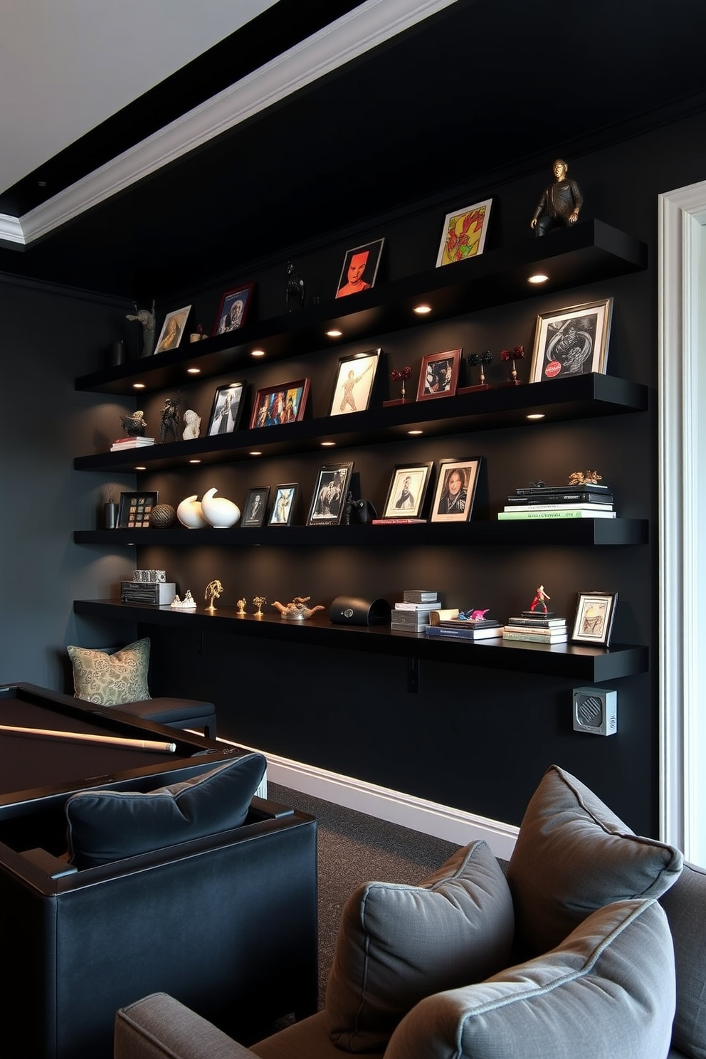 A modern game room featuring sleek black floating shelves that elegantly display an array of collectibles. The room is designed with a dark color palette, incorporating plush seating and ambient lighting to create a cozy yet sophisticated atmosphere.