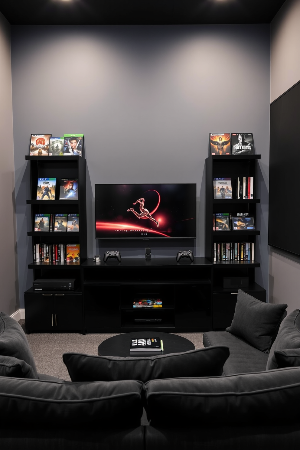 A sleek gaming console station with a black finish is centered against the wall. Surrounding it are custom shelves displaying game titles and collectibles, creating an immersive gaming atmosphere. The room features a dark accent wall that enhances the modern aesthetic. Plush seating in deep shades of gray complements the space, providing comfort for extended gaming sessions.