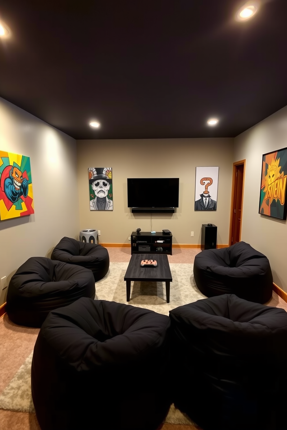 A cozy game room featuring black bean bags arranged around a low coffee table. The walls are adorned with vibrant artwork and the floor is covered with a soft area rug for added comfort. The room includes a large flat-screen TV mounted on the wall, perfect for gaming or movie nights. Soft ambient lighting creates a relaxed atmosphere, enhancing the overall casual vibe of the space.