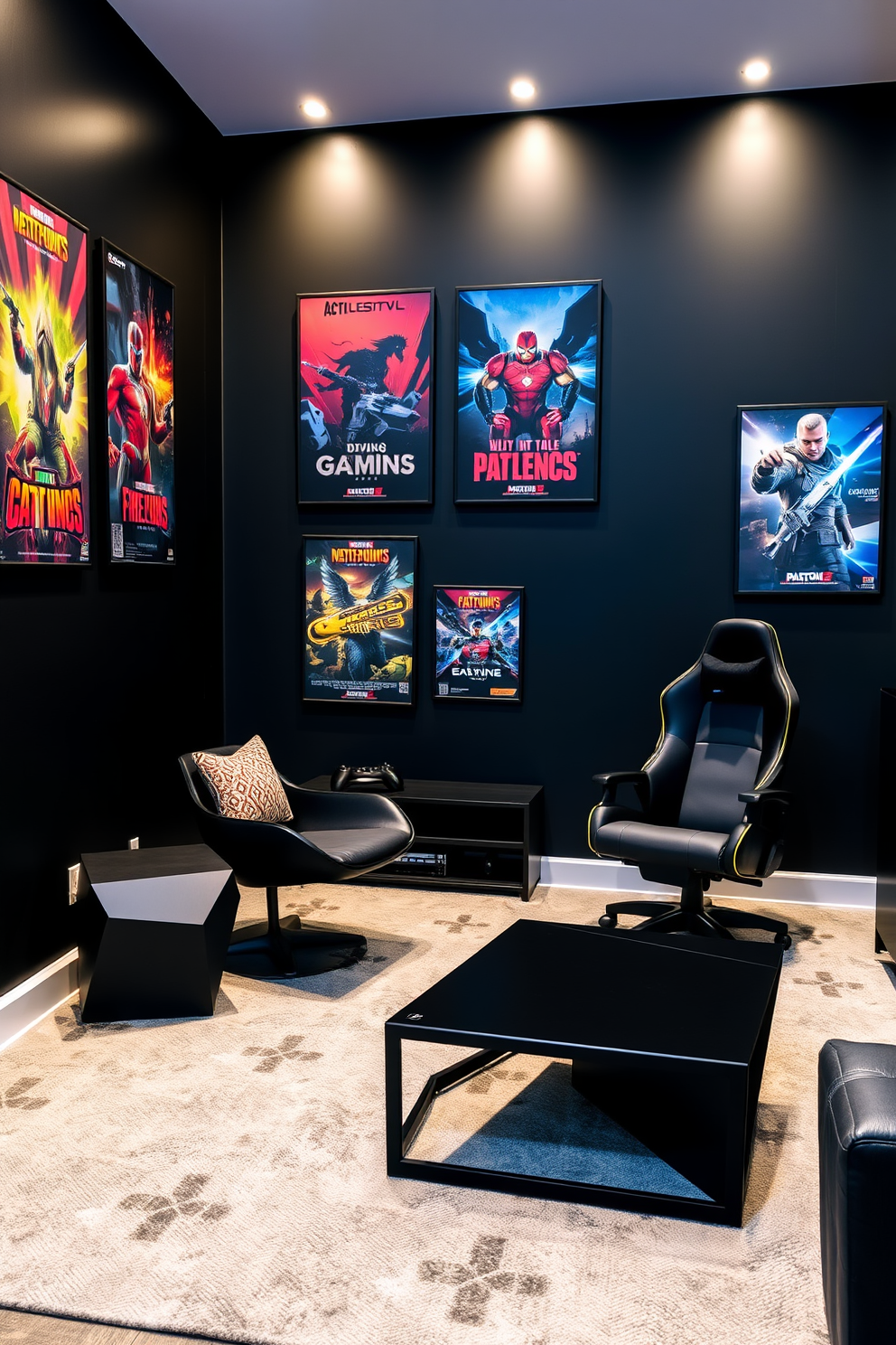 A striking accent wall adorned with vibrant gaming posters creates a dynamic focal point in the room. The overall design features sleek black walls that enhance the immersive atmosphere of the gaming space. Incorporate modern furniture with bold geometric shapes to complement the edgy theme. A plush gaming chair and a low-profile coffee table complete the look, providing both comfort and style for avid gamers.