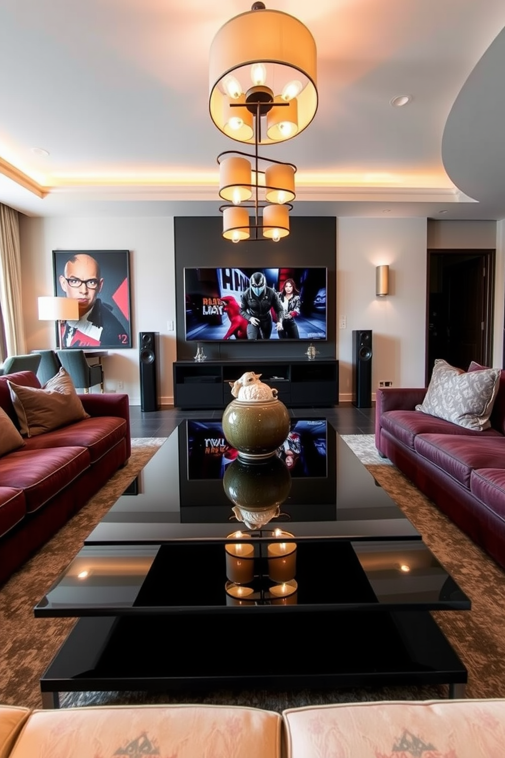 A sleek black glass coffee table serves as the centerpiece of the game room, reflecting the ambient lighting from stylish overhead fixtures. Surrounding the table are plush seating options in rich colors, creating a cozy yet sophisticated atmosphere for entertaining guests. The game room features a modern design with a mix of bold artwork and elegant decor elements. A large wall-mounted screen is complemented by a sound system, ensuring an immersive gaming experience while maintaining a chic aesthetic.