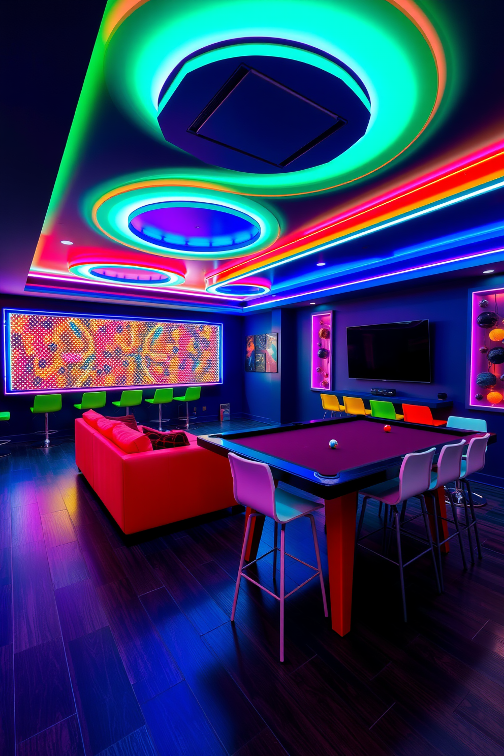 A vibrant game room filled with colorful LED light fixtures that create an inviting ambiance. The walls are painted in a deep navy blue, and the flooring is a sleek dark laminate that complements the overall design. A spacious sectional sofa in a bold red hue is positioned in front of a large flat-screen TV. A stylish pool table takes center stage, surrounded by modern bar stools in a mix of bright colors.