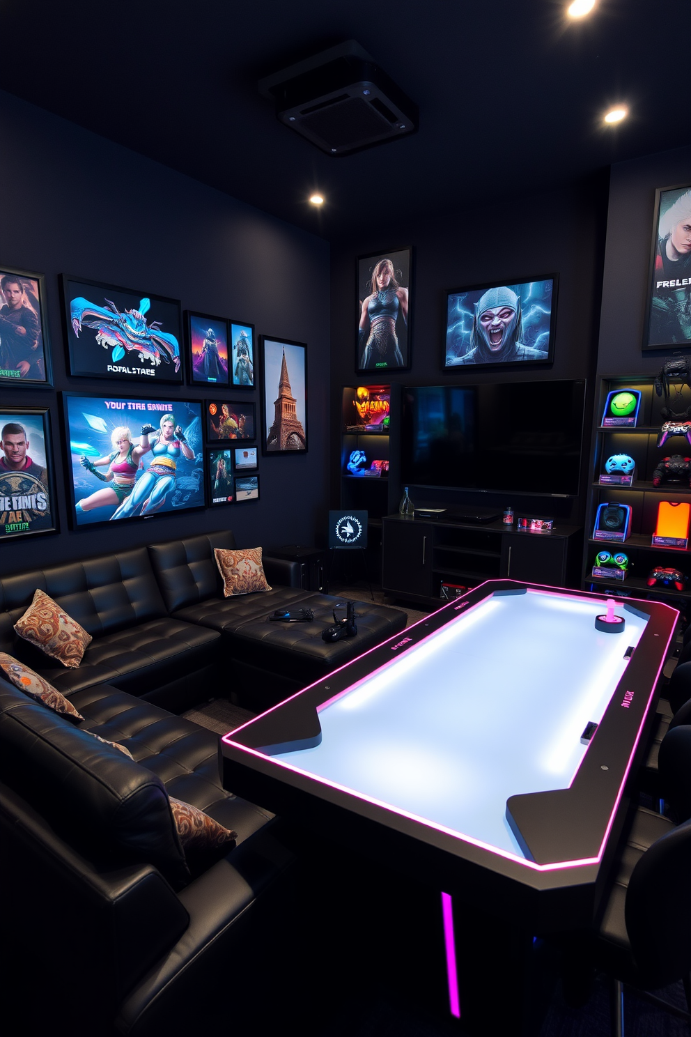 A stylish game room inspired by favorite video games. The walls are adorned with framed artwork and posters of iconic game characters, creating an immersive atmosphere. The furniture includes a sleek black sectional sofa and a custom gaming table with LED lighting. A large flat-screen TV is mounted on the wall, and colorful gaming accessories are neatly arranged on shelves.