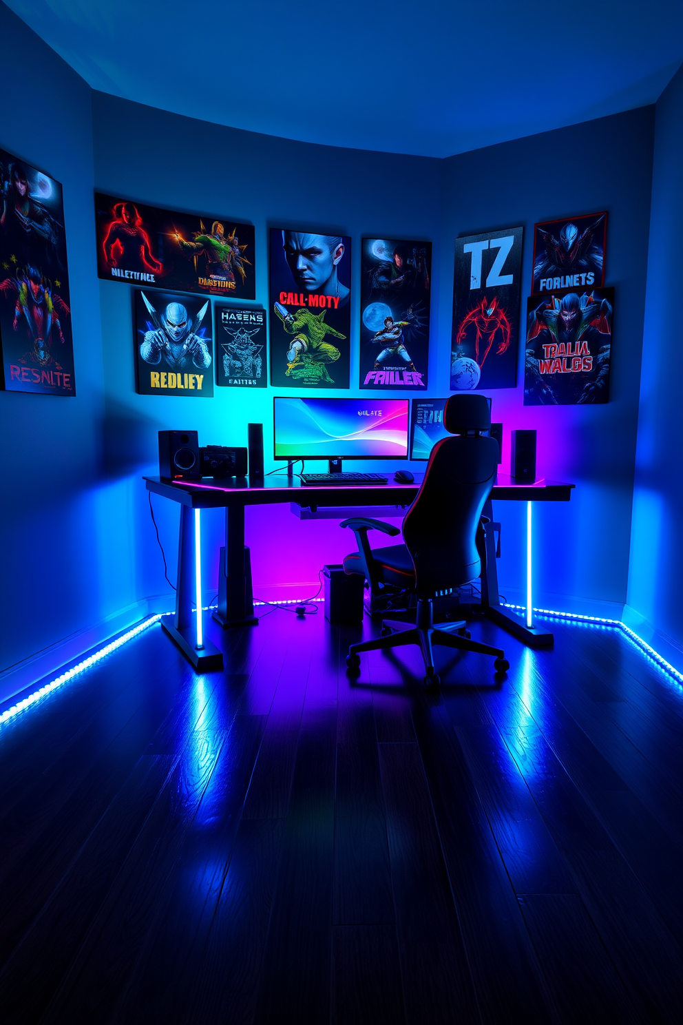 A sleek black gaming desk is positioned in the center of the room, featuring customizable RGB lighting that creates an immersive atmosphere. Surrounding the desk, the walls are adorned with posters of popular video games, and a comfortable gaming chair complements the modern aesthetic. The flooring is a dark hardwood that contrasts beautifully with the vibrant colors of the RGB lights. Soft LED strips line the edges of the room, providing ambient lighting that enhances the gaming experience.