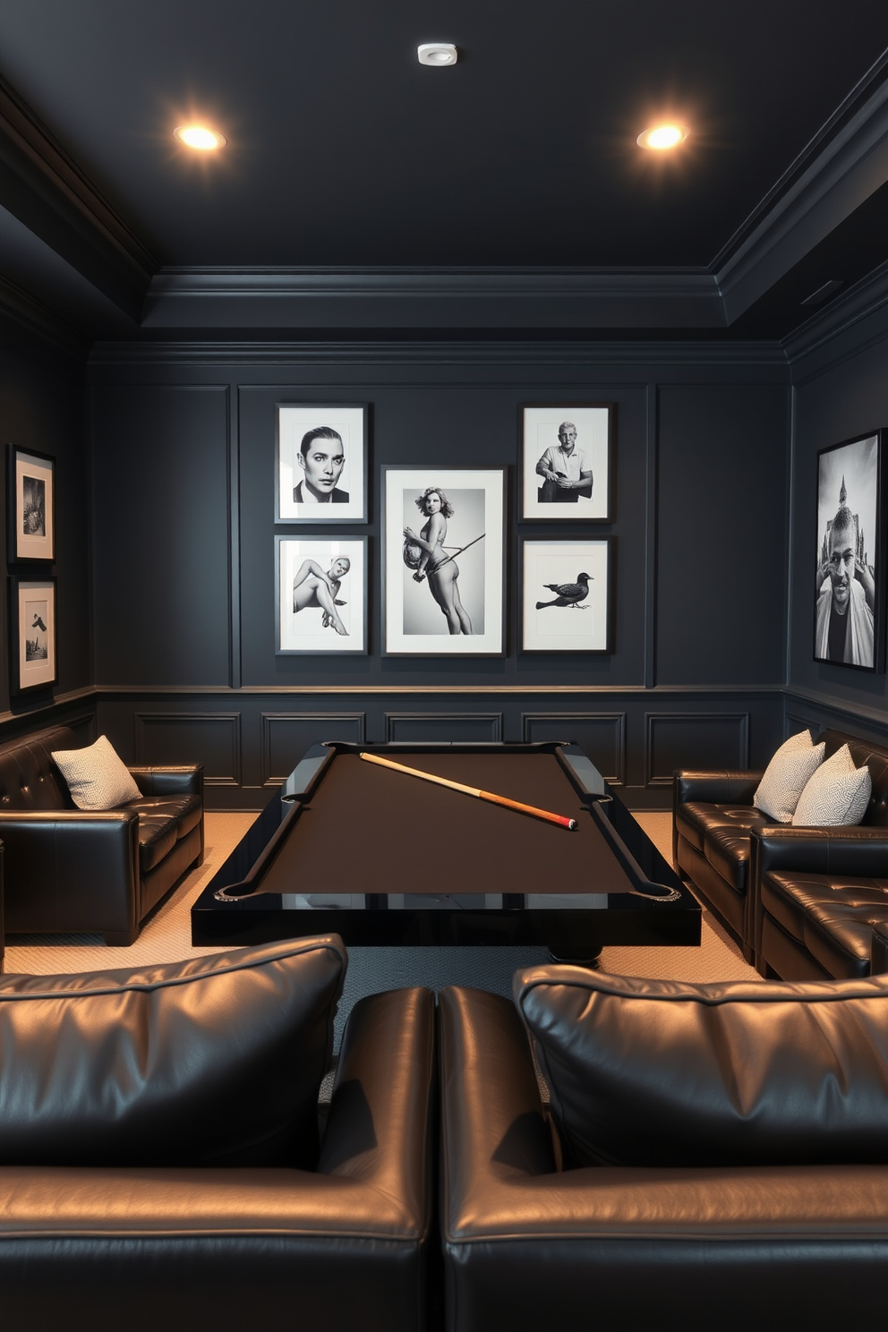 A stylish game room featuring black and white framed artwork on the walls. The room is designed with a sleek black pool table at the center, surrounded by comfortable leather seating. The walls are painted in a deep charcoal gray, creating a dramatic backdrop for the artwork. Accent lighting highlights the frames, enhancing the overall aesthetic of the space.