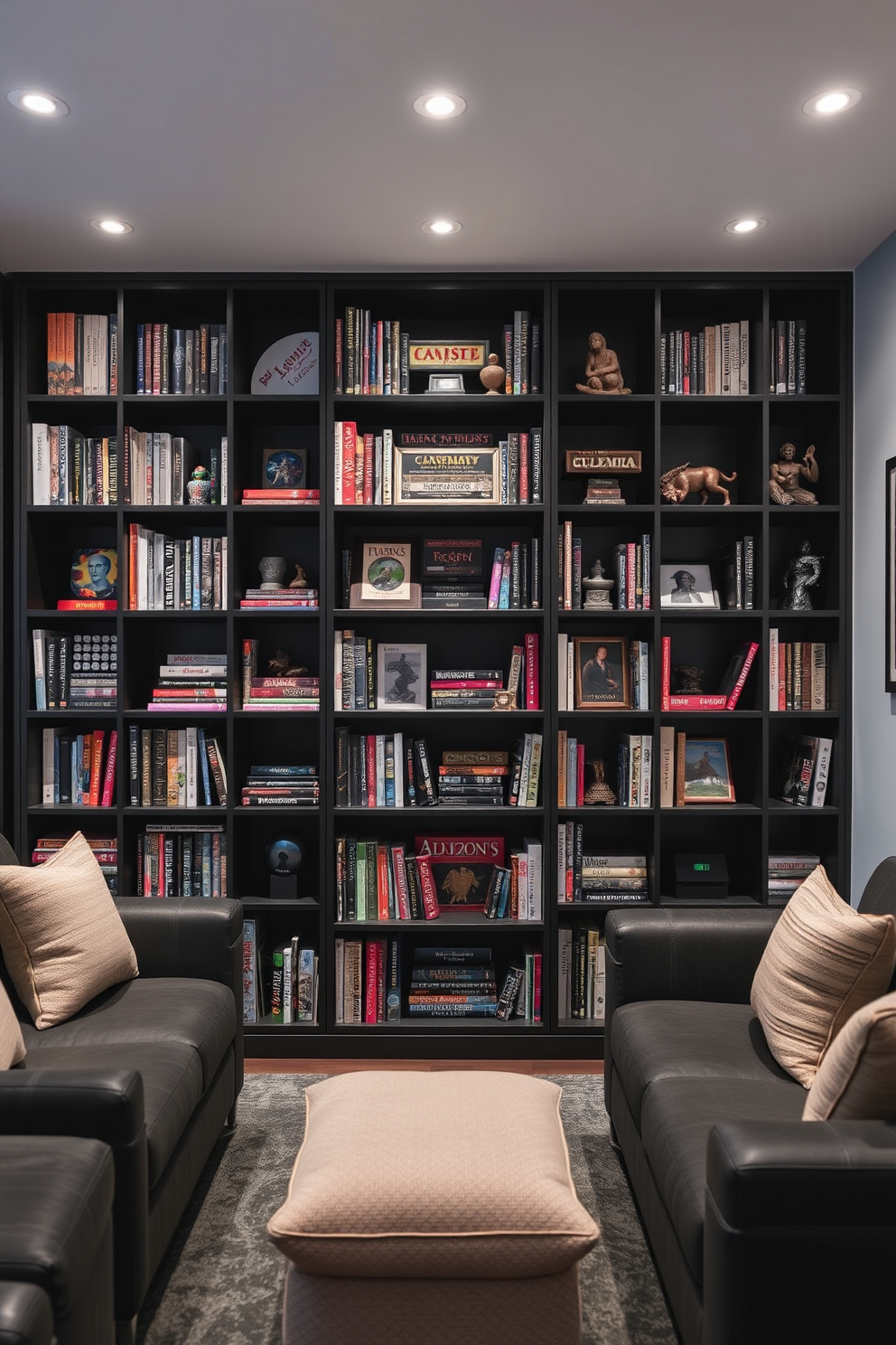 A stylish black bookcase stands against the wall in a modern game library. It is filled with an array of board games, books, and collectibles, creating an inviting atmosphere for game nights. The room features a sleek black and white color scheme with plush seating arrangements. Soft lighting fixtures highlight the bookcase and create a cozy ambiance for relaxation and entertainment.