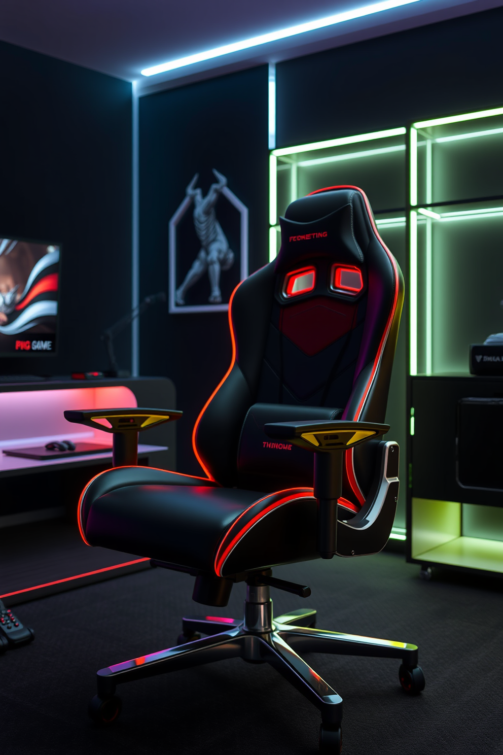 Unique gaming chair designs for comfort. Imagine a sleek ergonomic chair with adjustable features and vibrant LED lighting that enhances the gaming experience. Black game room design ideas. Picture a stylish room with black walls, ambient lighting, and modern furniture that creates an immersive gaming atmosphere.