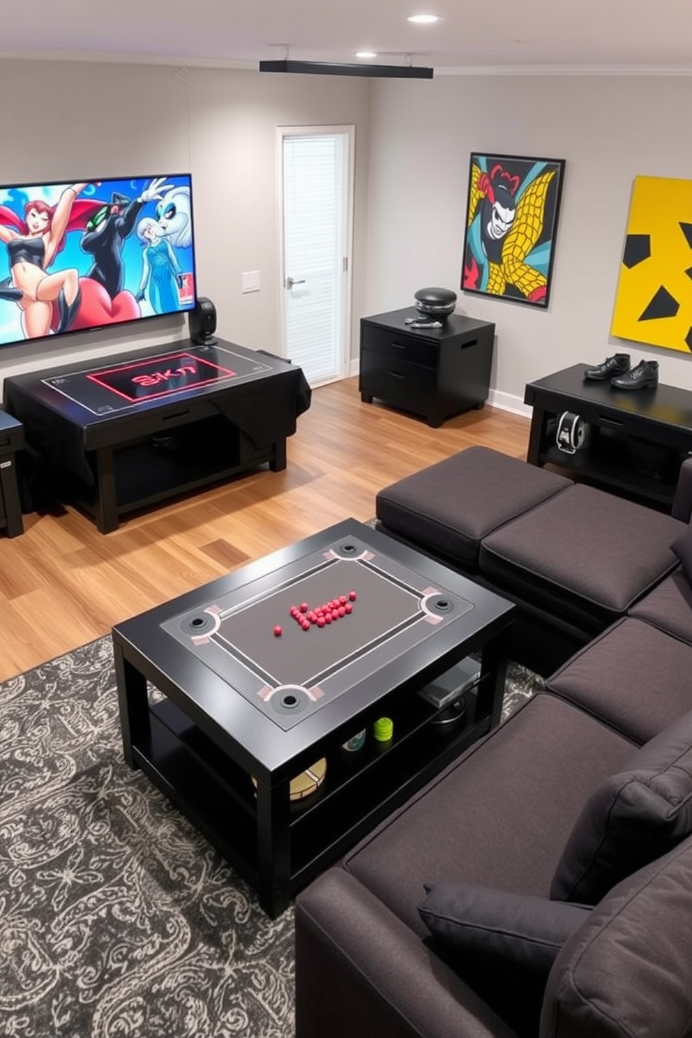 A stylish game room featuring dual-purpose furniture that maximizes space and functionality. The room includes a sleek coffee table that converts into a gaming table, surrounded by comfortable seating that doubles as storage. The walls are adorned with vibrant artwork that reflects a playful atmosphere. A large sectional sofa in dark tones complements the black accents throughout the room, creating a cohesive and inviting space for entertainment.