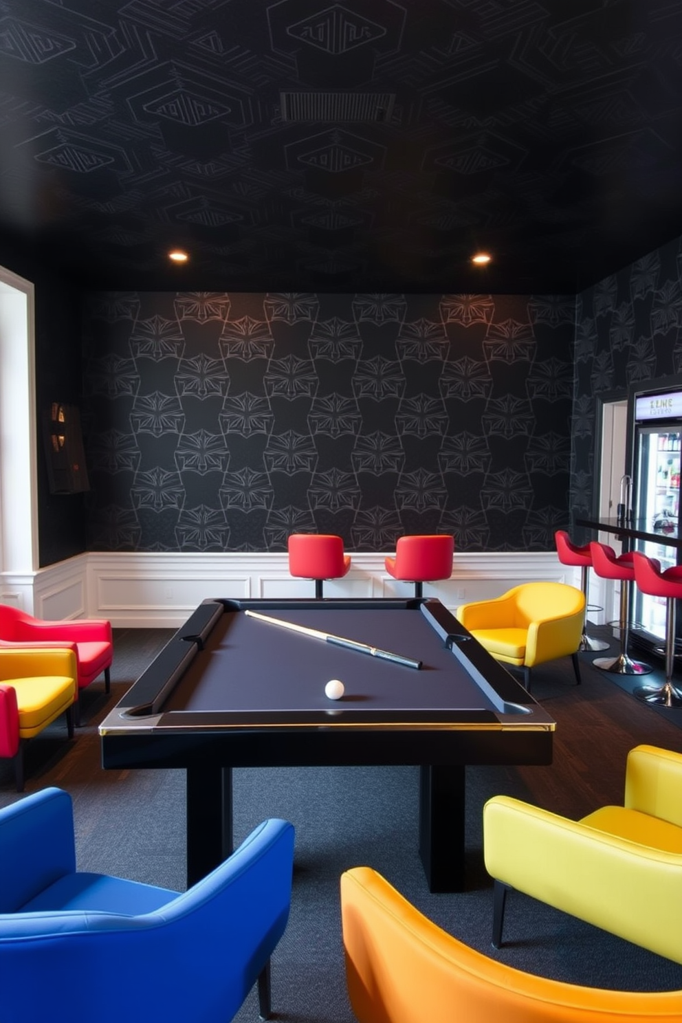 A stylish game room featuring black wallpaper adorned with geometric patterns. The space includes a sleek pool table at the center, surrounded by contemporary lounge chairs in vibrant colors. Soft ambient lighting highlights the unique design of the wallpaper while creating a cozy atmosphere. A bar area with high stools and a modern beverage fridge complements the entertainment focus of the room.